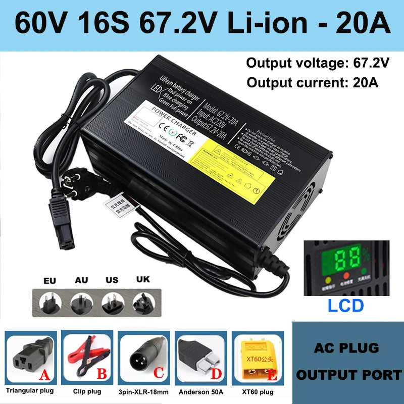 NEW 60V Lithium Battery Charger 67.2V 16S 5A 8A 10A 12A 15A 20A High-power Smart Band Display Rapid Charging Metal Shell