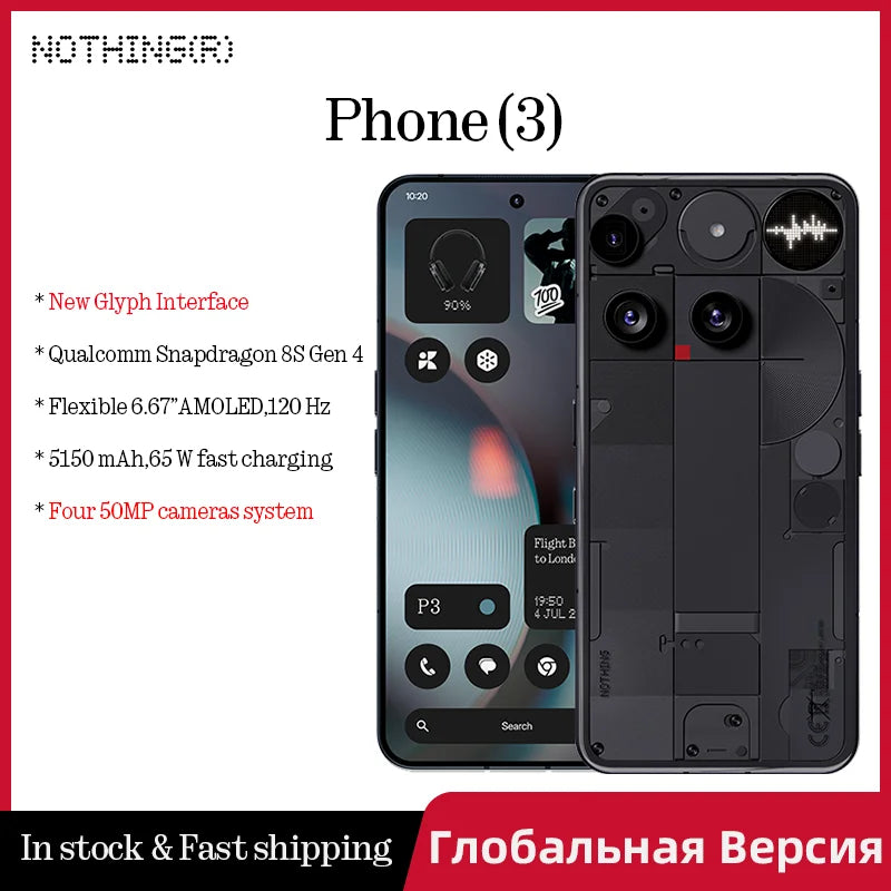 Global Version Nothing Phone (3) Qualcomm Snapdragon 8S Gen 4 6.77 AMOLED 120Hz Triple 50MP Camera 3 mics