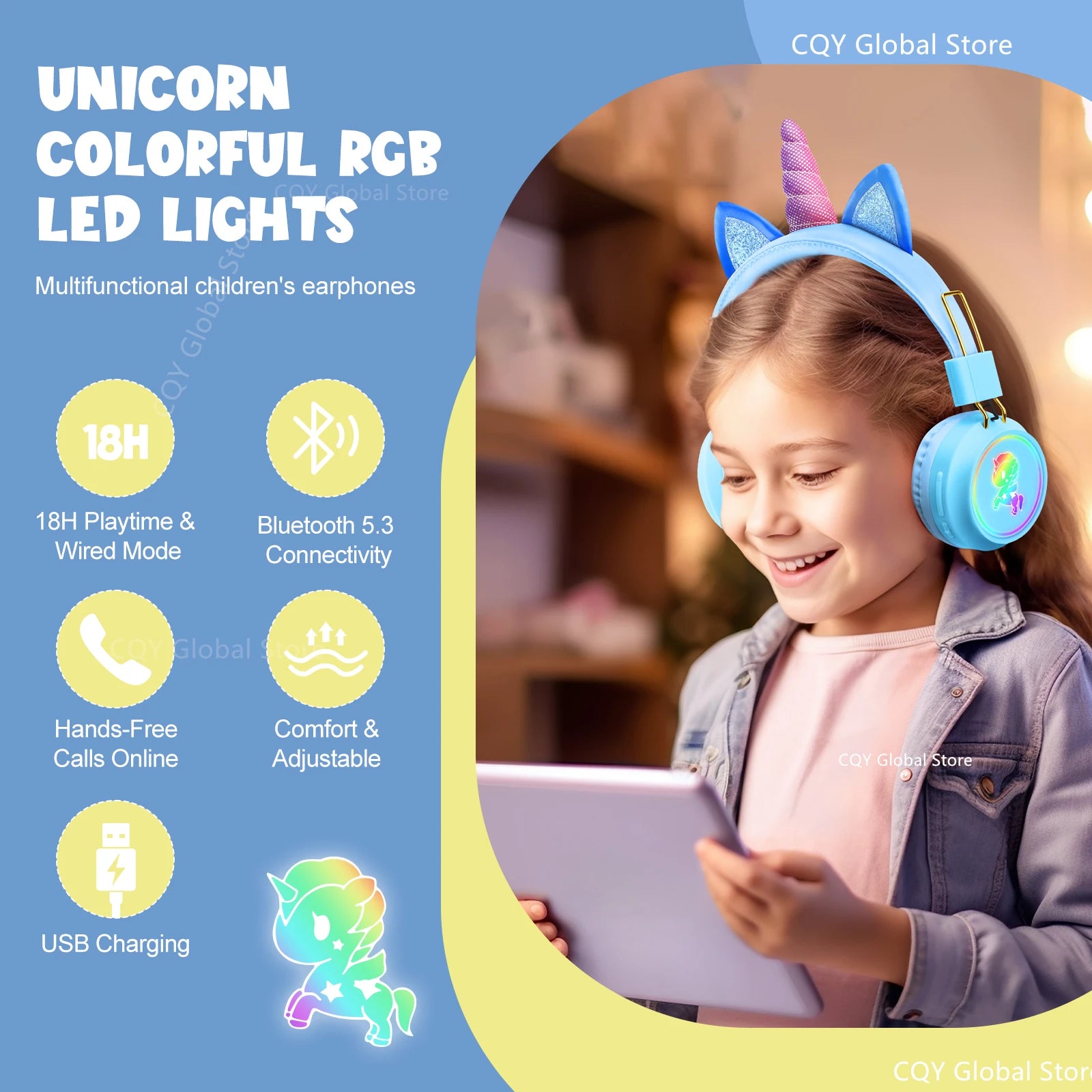 RGB Unicorn Kids Wireless Headphones With Mic Music Stereo Earphone Cute Unicorn Control RGB Light Headset Girls Kids Gift - Universal Market