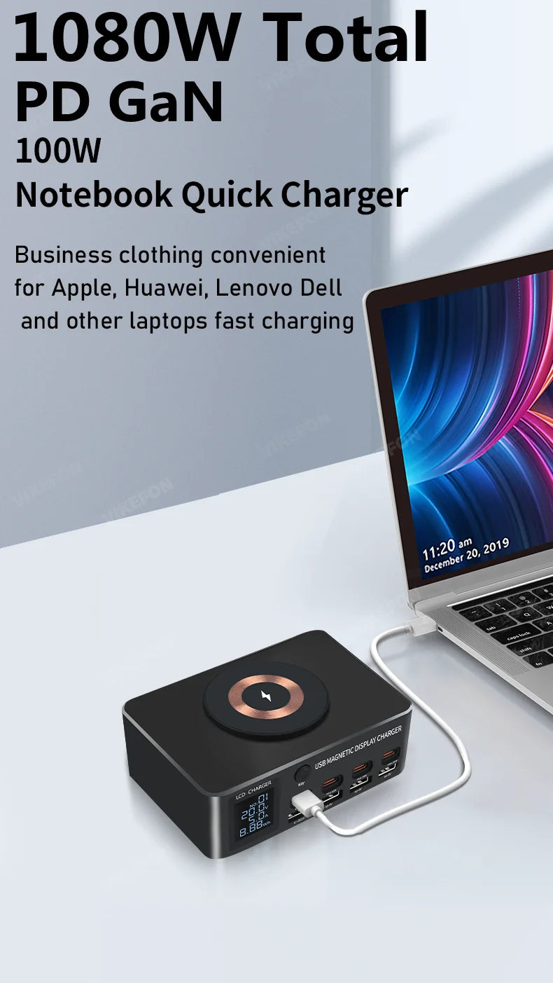 1080W GaN USB C Charger 8-Port Desktop Charger Type C 330W PD3.0 PPS QC3.0 Fast Charging for MacBook Tablet Samsung iPhone 15 16