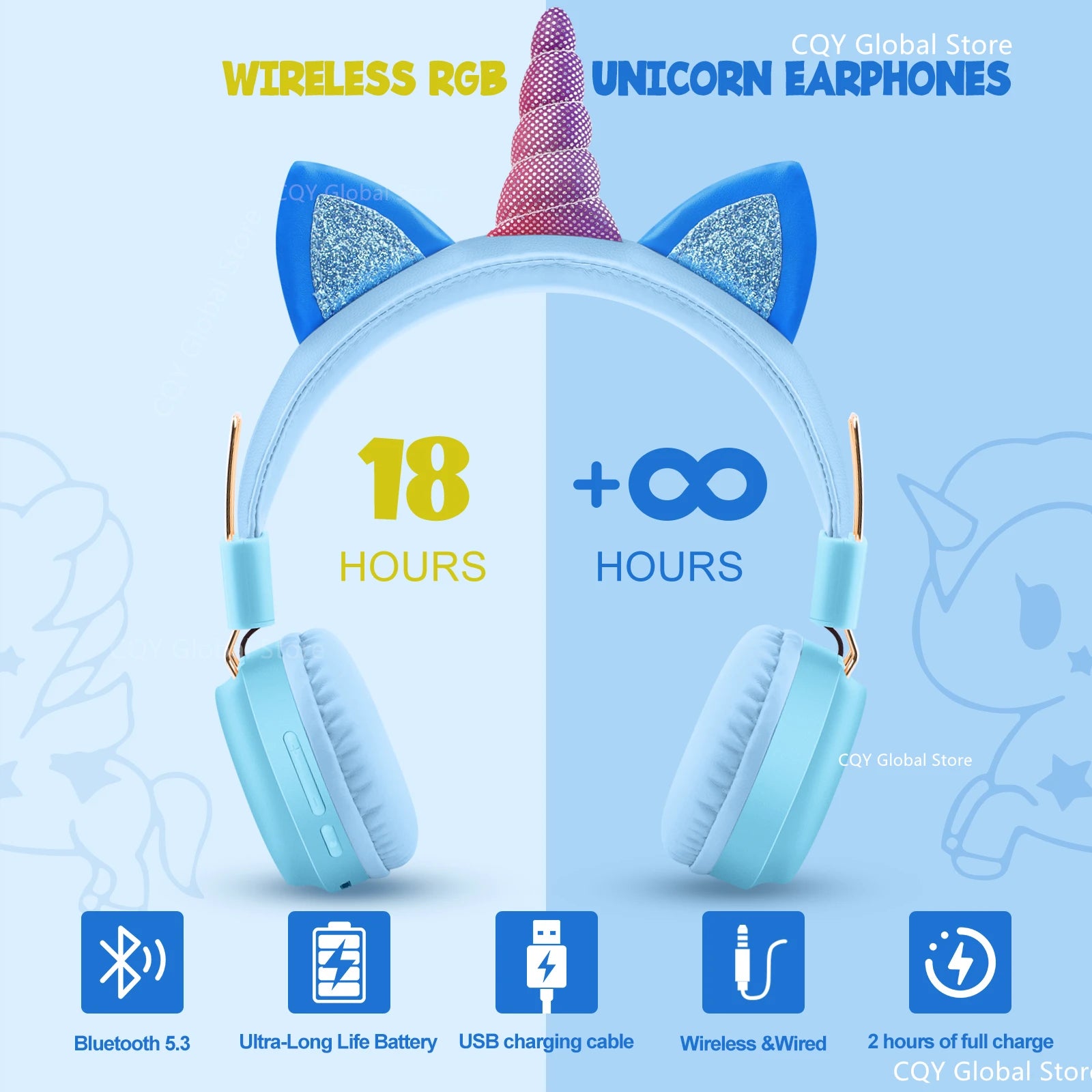 RGB Unicorn Kids Wireless Headphones With Mic Music Stereo Earphone Cute Unicorn Control RGB Light Headset Girls Kids Gift - Universal Market