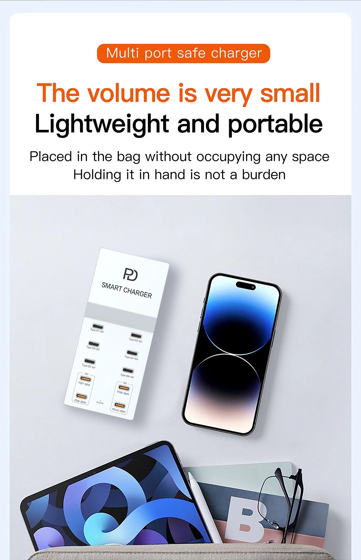 AIXXCO 72W 8 Ports PD QC3.0 USB C Fast Charger Type c Wall Adapter Super Fast Charging For Iphone Samsung Ipad Xiaomi