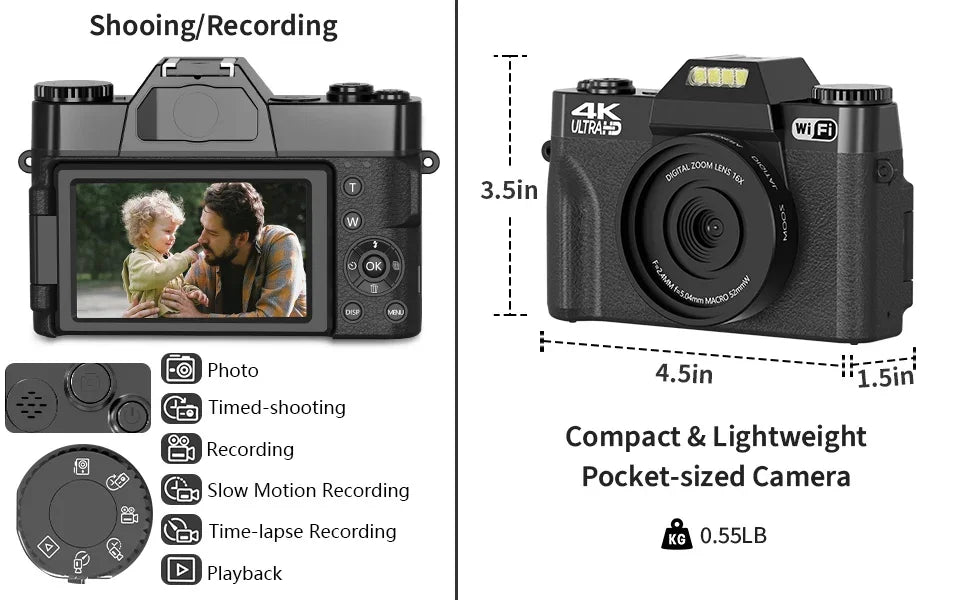 4K Compact Digital Photography Camera 16X 48MP Electronic Image Stabilization vlog Tiktok Ins Youtube Camcorder 3" Flip Screen - Universal Market