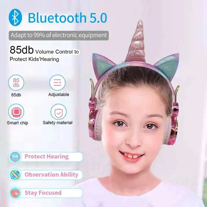 RGB Unicorn Kids Wireless Headphones With Mic Music Stereo Earphone Cute Unicorn Control RGB Light Headset Girls Kids Gift - Universal Market