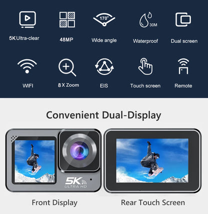 Action Camera F6W Wireless Mic 5K 4K60FPS 48MP 2.2" Touch LCD EIS Dual Screen Wi-Fi 170D Waterproof 30M 8X Zoom Sports Camera