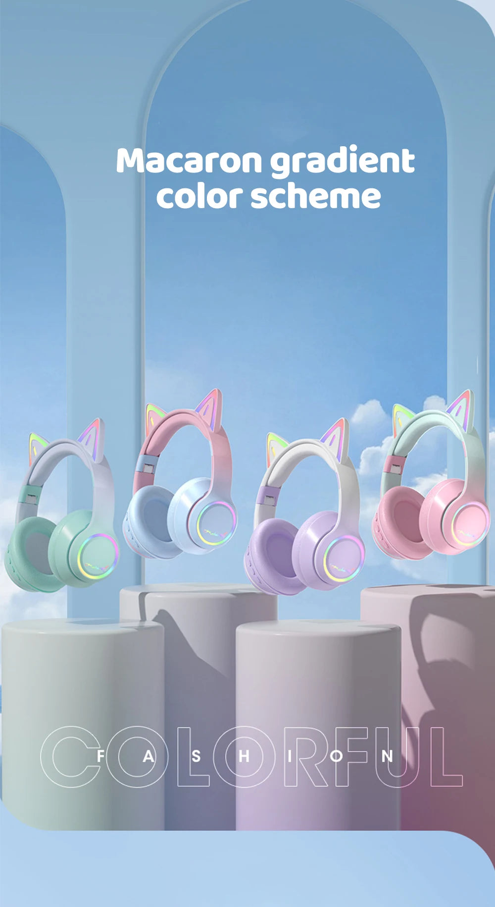 Gradient Wireless Headphones RGB Cat Ear Bluetooth Headphones With Microphone Stereo Music Game Earphone For Girls Kids Gifts - Universal Market