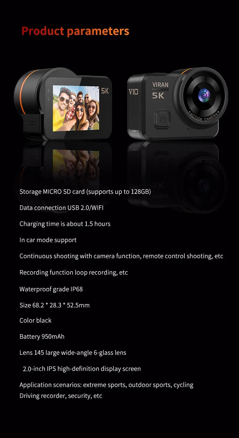 VIRAN V10 5K Action Camera Electronic Image Stabilization 2" Touch LCD 4K Waterproof Action Camera Dashcam Motion Detection