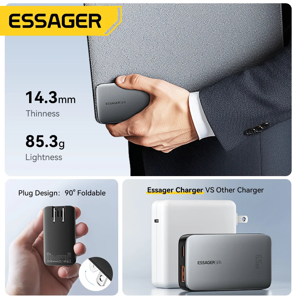 Essager Ultra Thin 65W GaN Travel Charger Quick Charge 4.0 PD3.0 PPS Portable Type C Charger For iPhone Samsung Macbook Laptop