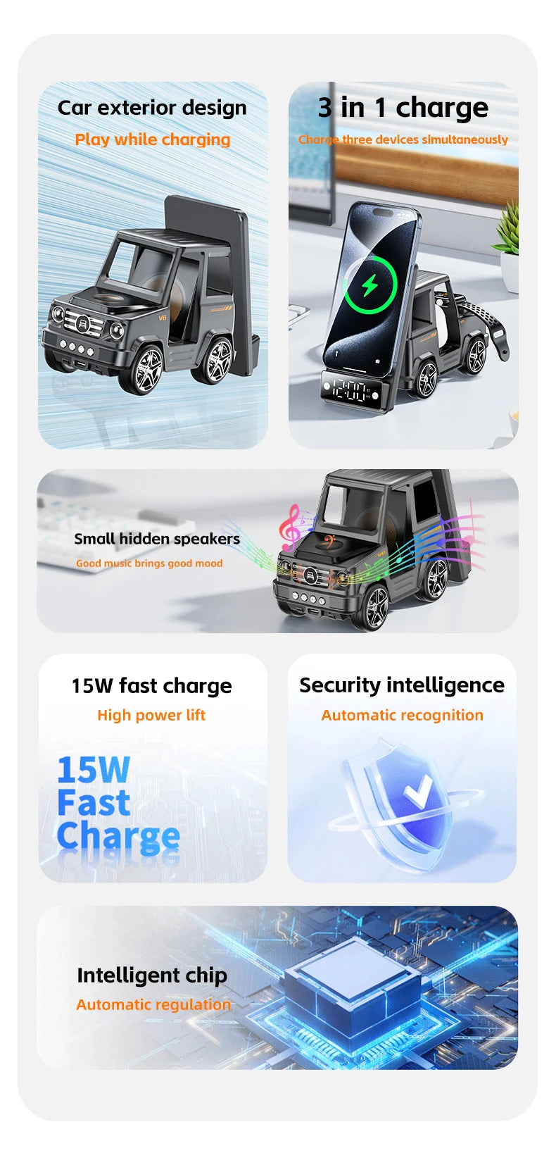 2025 September New Design Double Coil Design Forklift Wireless Charger 6 in 1 Phone Wireless Charger for iPhone Earphone Watch