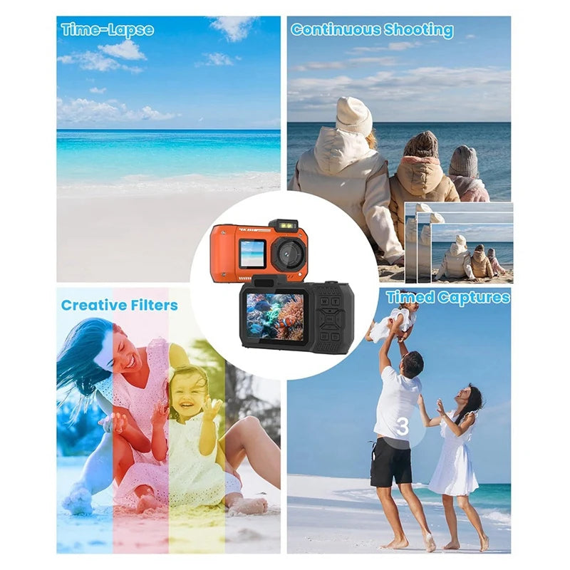 3CGRO-Waterproof Camera 4K 65MP Underwater Camera With 64G Card, For Snorkeling Autofocus Selfie Dual-Screen