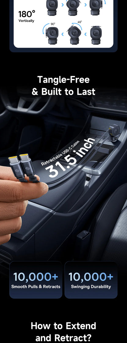 Baseus 100W Car Charger PD QC Fast Charging Dual Type-C Retractable Cable 4 ports 450°Rotation For Laptop Tablet iPhone Samsung