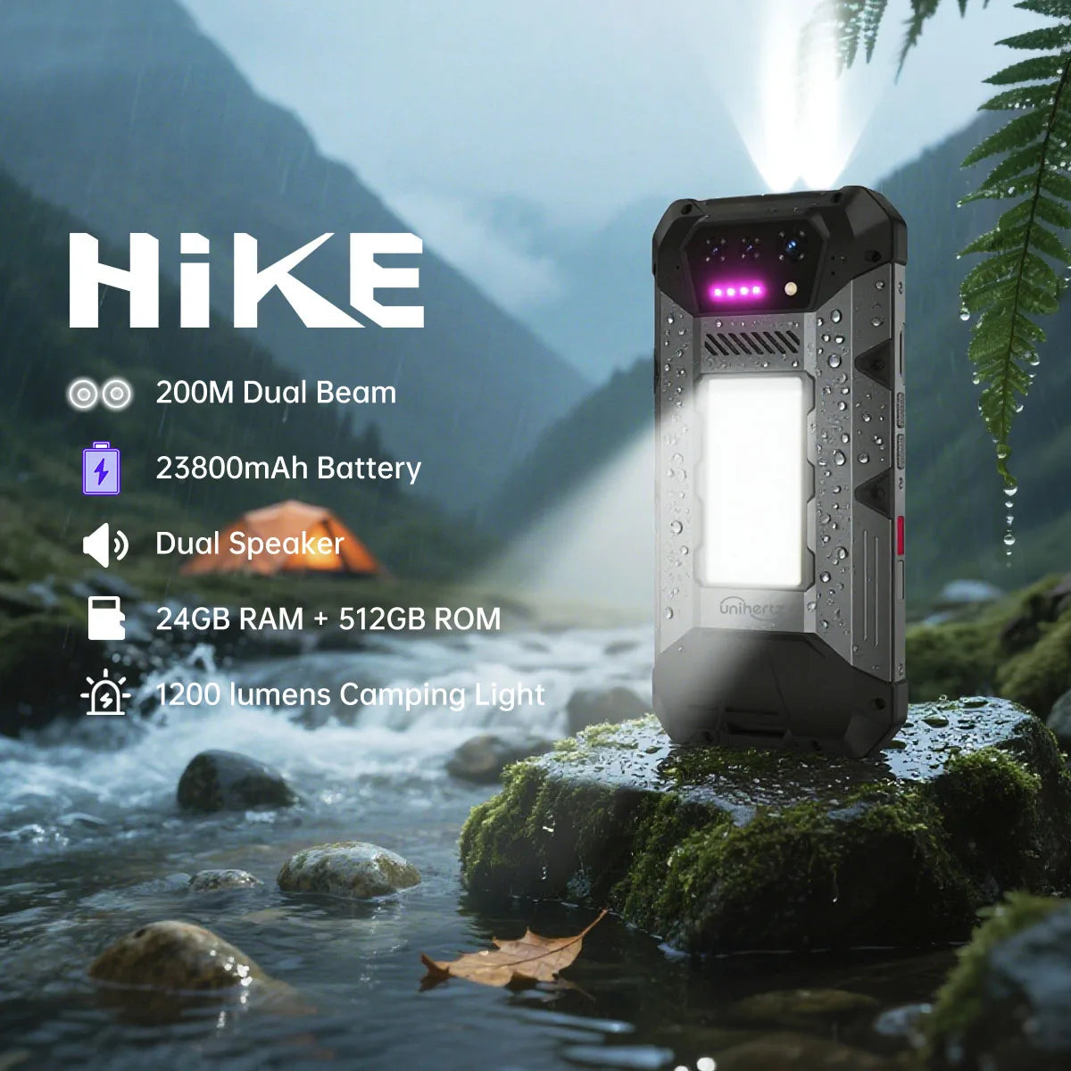 Unihertz 8849 Hike Smartphone Android 14 With 200 Meter Flashlight LED 23800mAh 24GB 512GB Dual Speaker Helio G200 IP68/IP69K 4G