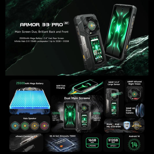 Ulefone Armor 33 Pro Rugged Smartphone 5G Dual Screen 6.95" 120Hz 16GB+512GB 25500mAh Battery 66W 64MP Night Vision NFC