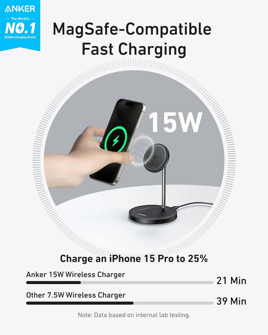 Anker MagSafe Charger Stand Compatible, MagGo 2-in-1 Charging Station, 【Upgraded】 Qi2 Certified 15W Wireless Charger Stand, for