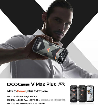Global Version DOOGEE V Max Plus Rugged Phone 6.58" 120Hz 36GB(16+20) 512GB 200MP Ai Camera 22000mAh Lighting effect Android 14