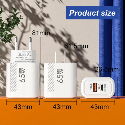 65W GaN Fast Charging USB Type C Charger US/EU Plug PD 3.0 Quick Charge Wall Charger For Phone Adapter For iPhone Huawei Samsung