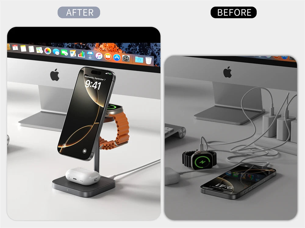 LULULOOK Qi2 3 in 1 Wireless Charging Station,Aluminum 15W Fast Mag-Safe Charger Stand for iPhone 17 16 15 14,5W for Apple Watch