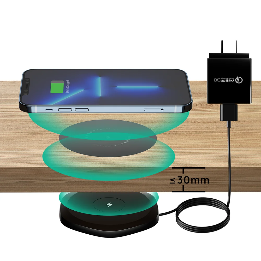 KPON Invisible Wireless Charger 30mm Under Table QI Charger Furniture Desk Wireless Charging Station for iPhone 16/15/14/13/12/8