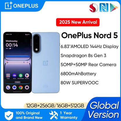 Global Version OnePlus Nord 5 Smartphone android Snapdragon 8s Gen 3 1.5K AMOLED Display 50MP LYT-700 Camera OxygenOS 15