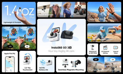 Insta360 GO 3S Camera 4K Thumb Magnetic Action Camera with FlowState Stabilization 10m Waterproof Apple Find My Vlog