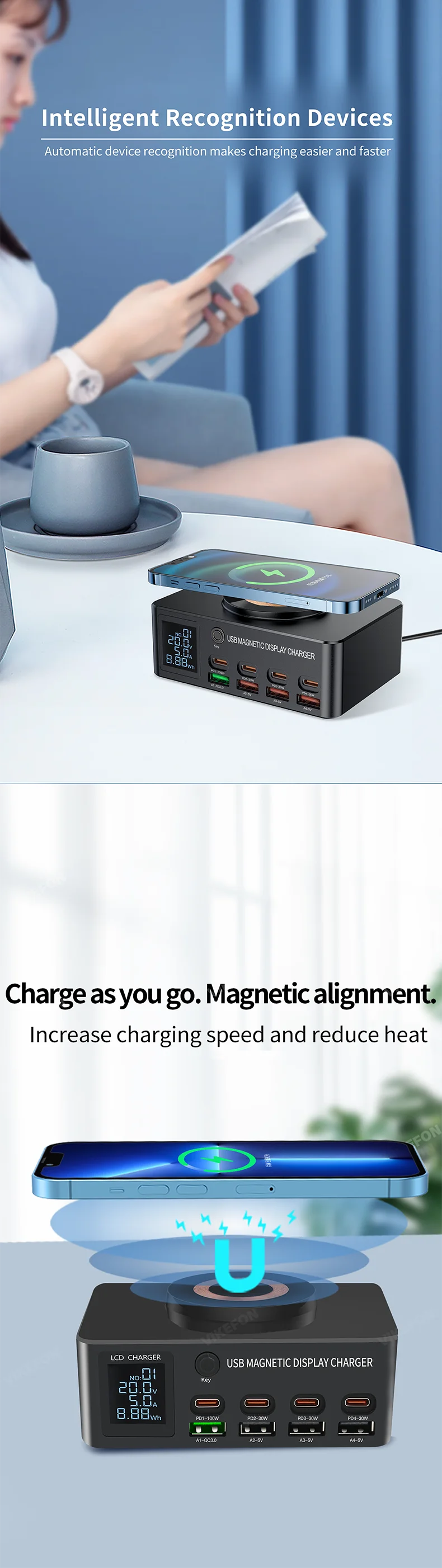 1080W GaN USB C Charger 8-Port Desktop Charger Type C 330W PD3.0 PPS QC3.0 Fast Charging for MacBook Tablet Samsung iPhone 15 16