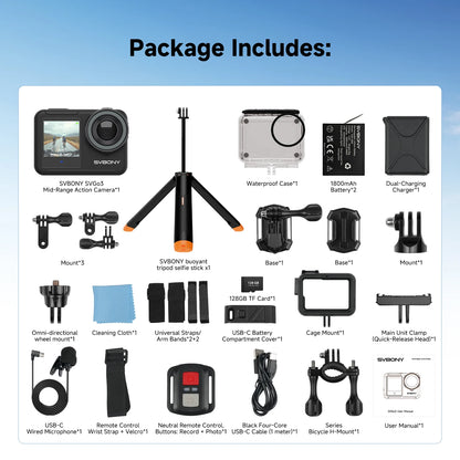 SVBONY SVGo3 Action Camera 4K30 Waterproof Dual LCD Screens Sports Camera with Quick Release Mount for Surfing Cycling Vlog