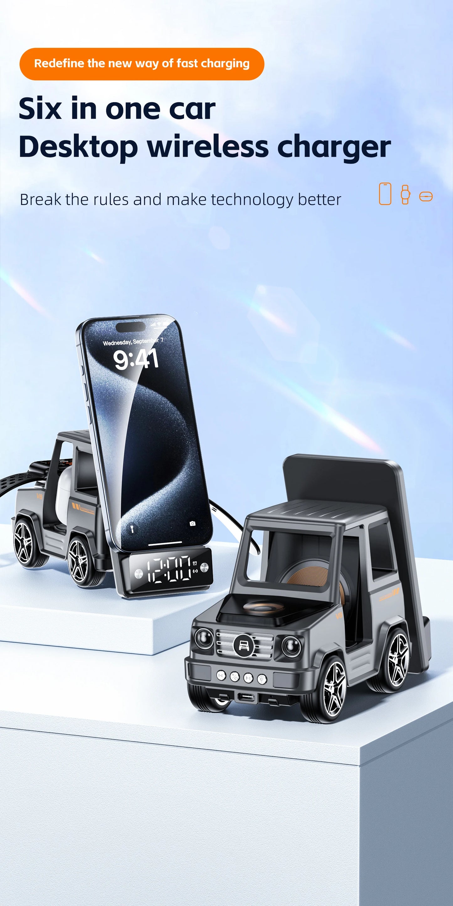 2025 September New Design Double Coil Design Forklift Wireless Charger 6 in 1 Phone Wireless Charger for iPhone Earphone Watch