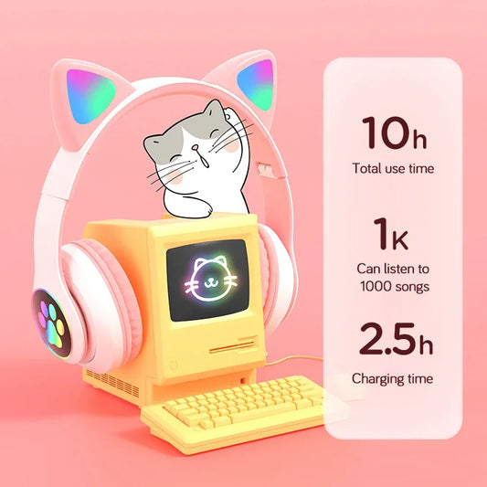 Flash Lamp Cute Cat Ears Headphone Bluetooth5.0 Stereo With Mic Support TF Card Wireless Kids Girl Earphone Birthday Gift - Universal Market