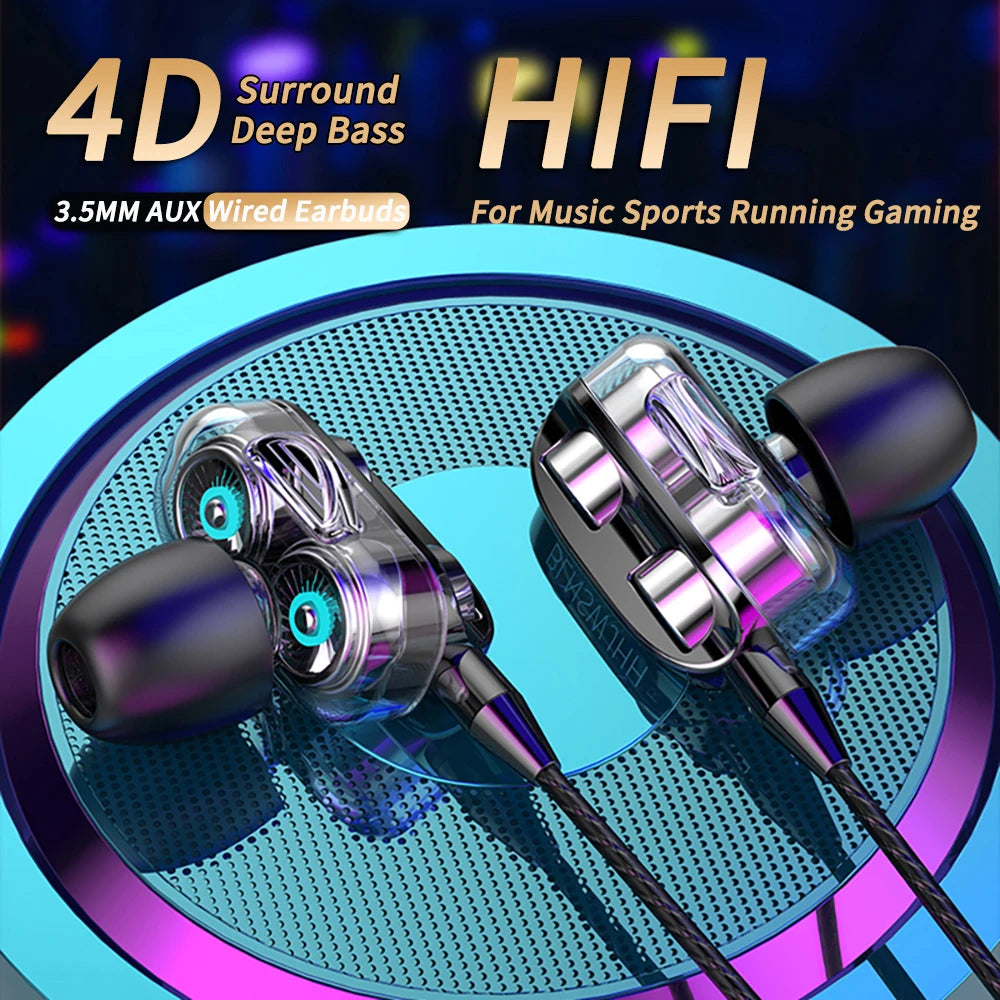 3.5mm Wired Headphones Noise Canceling In-Ear Sports Earphone Dual Driver Bass Stereo Gaming Headset HiFi Music Earbuds With Mic - Universal Market