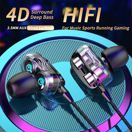 3.5mm Wired Headphones Noise Canceling In-Ear Sports Earphone Dual Driver Bass Stereo Gaming Headset HiFi Music Earbuds With Mic - Universal Market