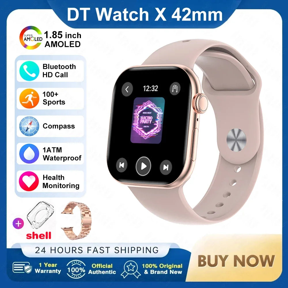 For Apple DT Watch X Mini Smart Watch 3D Menu Video AI Voice NFC Sports Record Health Test 1.85 Inch AMOLED Women Smartwatch