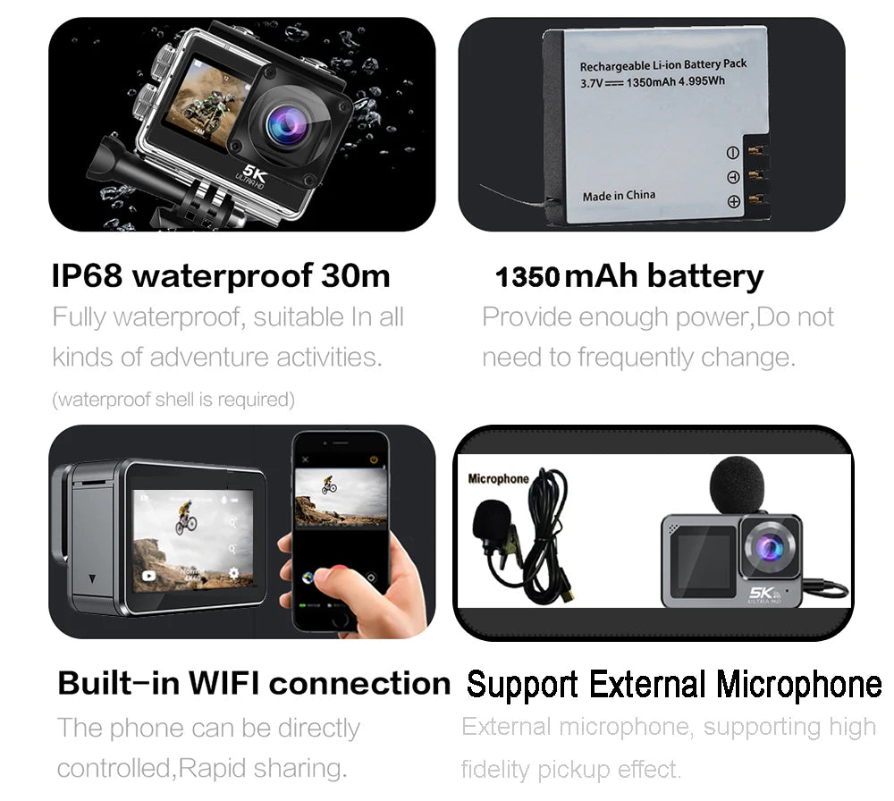 Action Camera F6W Wireless Mic 5K 4K60FPS 48MP 2.2" Touch LCD EIS Dual Screen Wi-Fi 170D Waterproof 30M 8X Zoom Sports Camera