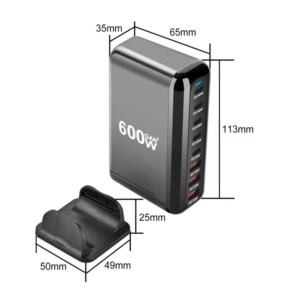 2025 New 600W GaN 8-port Fast Charger Type C 5C3A PD USB C Fast Charging Station PD3.1 Adapter for Phone and Tablet Dropshipping