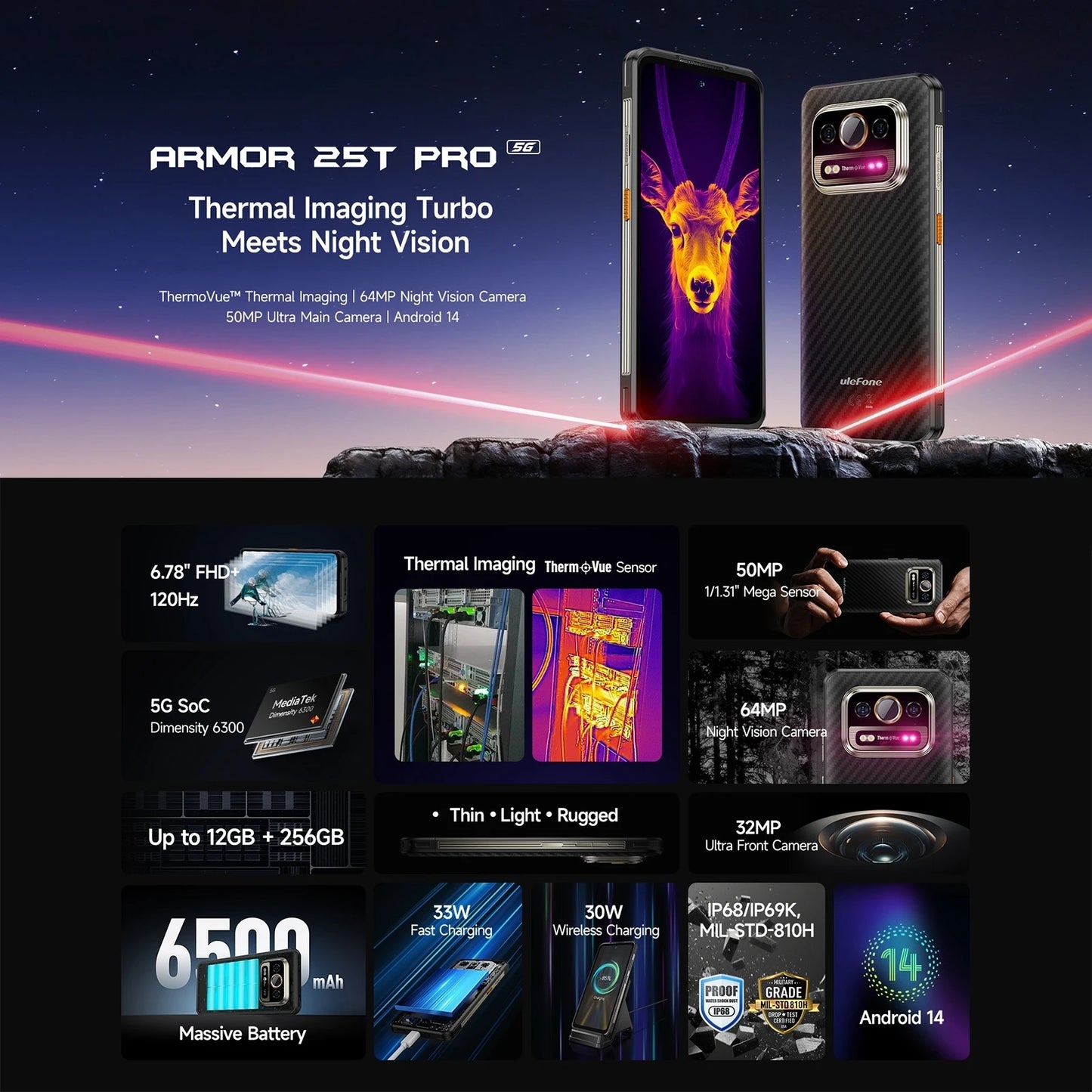 Ulefone Armor 25T Pro 5G Rugged Smartphone Thermal Imaging Android 14 Waterproof 6.78'' 33W 50MP+64MP 6GB+256GB 6500mAh NFC