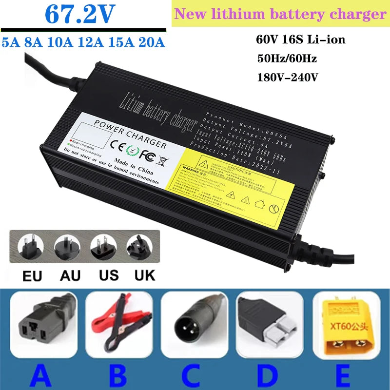 NEW 60V Lithium Battery Charger 67.2V 16S 5A 8A 10A 12A 15A 20A High-power Smart Band Display Rapid Charging Metal Shell