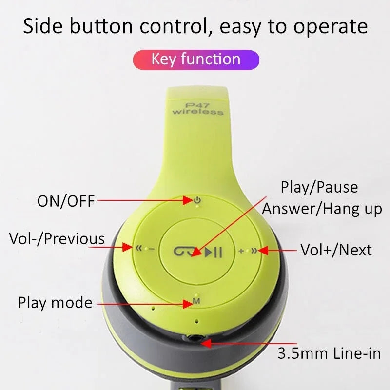 P47 Bluetooth 5.0 Wireless Headphone Foldable HIFI Stereo Bass Earphone Kid Helmet Gift With Mic USB Adaptor For iPhone Game - Universal Market