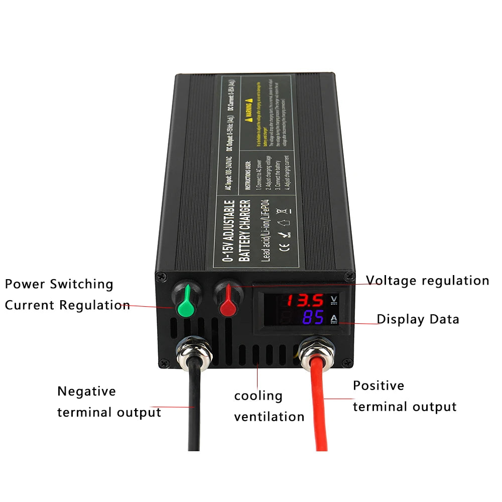 Lifepo4 Charger 12V 60A 100A Lithium Battery Charger 110V-240V Input 0-15V Adjustable Quick Fast Adapter for Lifepo4 Battery