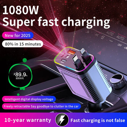 4 in 1 120W PD 33W Car Charger Retractable Car Cigarette Lighter Adapter Star Light Lighting Type C 70cm Charger Cable for Phone