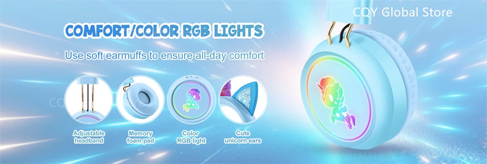 RGB Unicorn Kids Wireless Headphones With Mic Music Stereo Earphone Cute Unicorn Control RGB Light Headset Girls Kids Gift - Universal Market