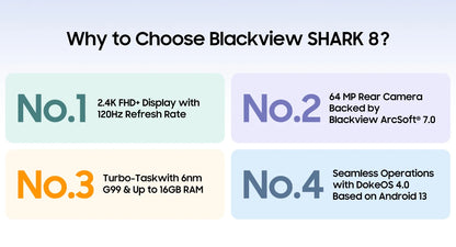 Blackview SHARK 8 Smartphone Android13 G99 Mobile Phone 6.78'' 120Hz 2.4K Display 16 (8+8) GB RAM 256GB ROM 64MP Cameras Phones