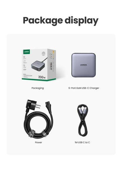 UGREEN 200W GaN Charger Desktop Laptop Fast Charger 6 in 1 Adapter For iPhone 17 16 Pro Xiaomi Samsung Tablets Macbook Charger