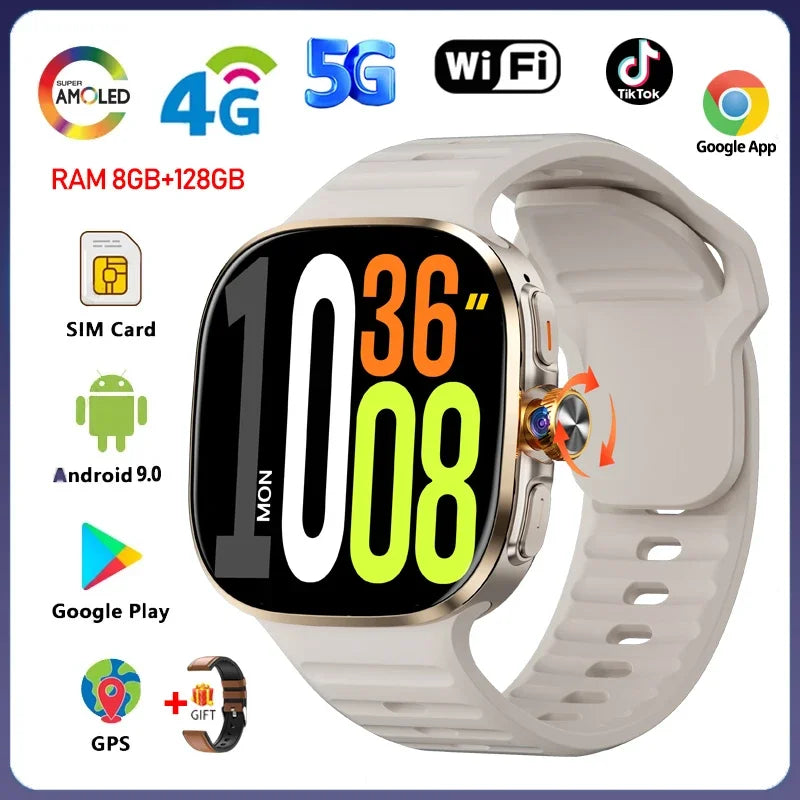 8GB+128GB RAM 5G/4G Android 9.0 Smart Watch 2.4 inch AMOLED 2100mah Battery 900W Camera GPS WIFI Google APPS Download Smartwatch