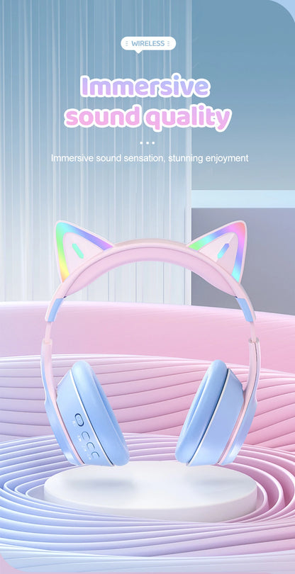 Gradient Wireless Headphones RGB Cat Ear Bluetooth Headphones With Microphone Stereo Music Game Earphone For Girls Kids Gifts - Universal Market