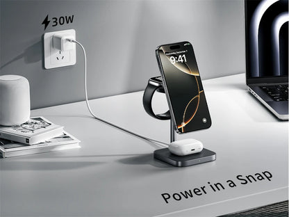LULULOOK Qi2 3 in 1 Wireless Charging Station,Aluminum 15W Fast Mag-Safe Charger Stand for iPhone 17 16 15 14,5W for Apple Watch