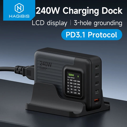 Hagibis 240W USB C Charger 5 Ports GaN 140W PD3.1 Fast Charger Desktop Charging Station with LCD Display For MacBook Pro Laptops