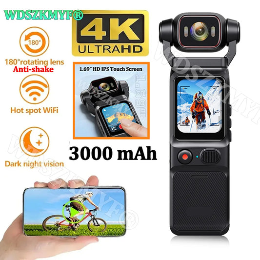 Real 4K Touchscreen Pocket Camera WIFI Outdoor DV 180°Rotatable UHD Anti-shake Bodycam Sports Action Portable Security Recorder