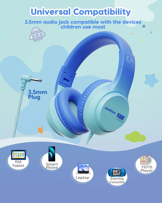 AWATRUE HK07 Kids Wired Headphones Stereo Sound Earphone with Mic Music Study Headset Limited Volume 74dB/85dB for Children - Universal Market