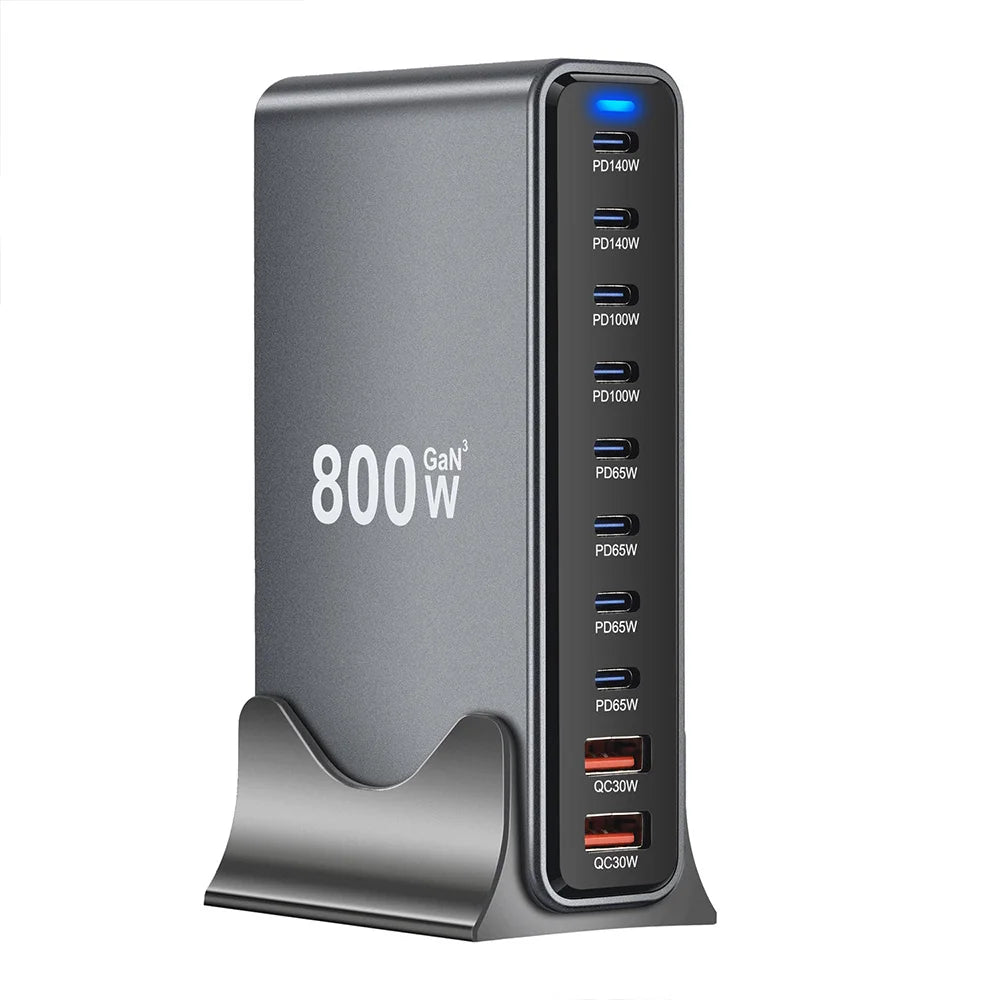 2025 New 800W GaN Fast Charging PD3.1 PPS 10 Ports USB C Type C Fast Charger Station Adapters for iPhone Samsung Xiaomi Huawei