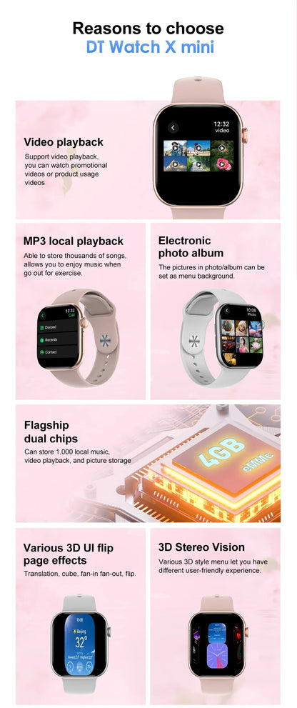 For Apple DT Watch X Mini Smart Watch 3D Menu Video AI Voice NFC Sports Record Health Test 1.85 Inch AMOLED Women Smartwatch