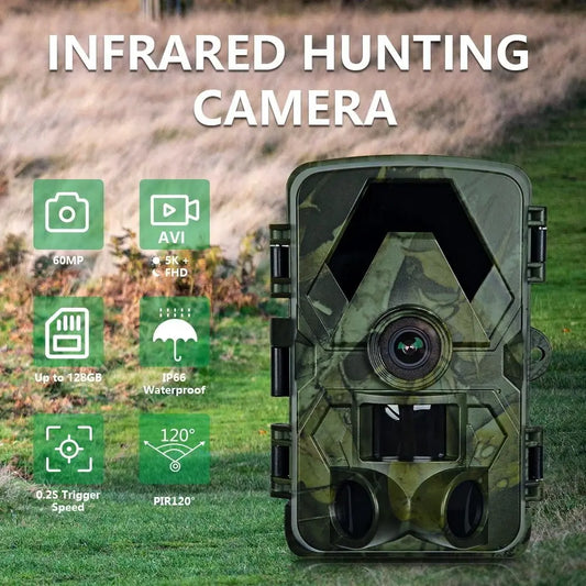 IP66 Waterproof Outdoor Infrared Trail Camera 120° Wide-Angle Camouflage 5K HD Motion Activated Camera with Straps Support 128G